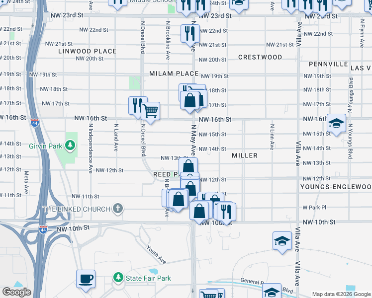 map of restaurants, bars, coffee shops, grocery stores, and more near 2904 Northwest 14th Street in Oklahoma City