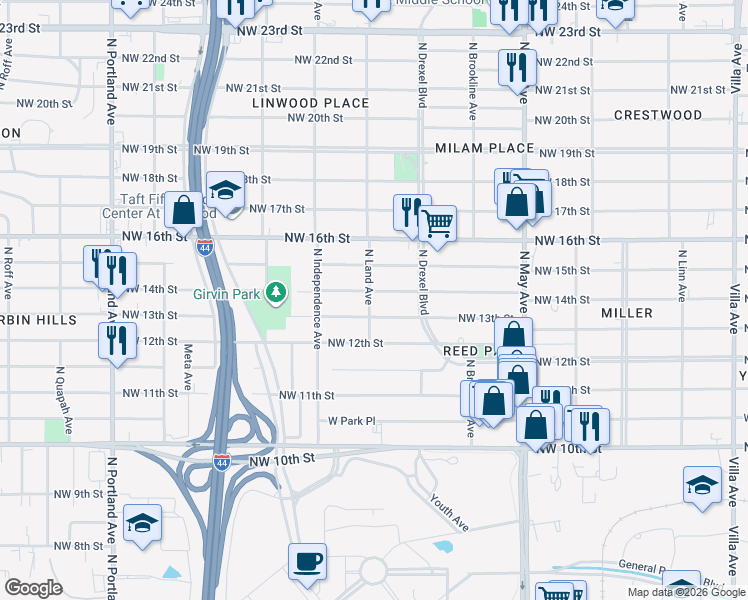 map of restaurants, bars, coffee shops, grocery stores, and more near 3140 Northwest 14th Street in Oklahoma City