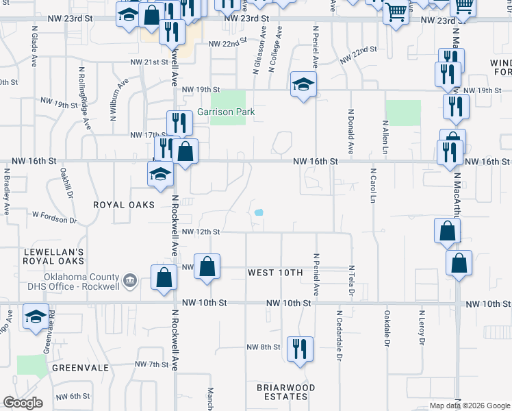 map of restaurants, bars, coffee shops, grocery stores, and more near 6728 Northwest 16th Street in Oklahoma City