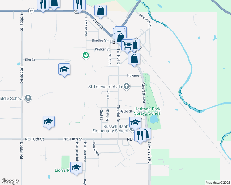 map of restaurants, bars, coffee shops, grocery stores, and more near 1569 Tim Holt Drive in Harrah