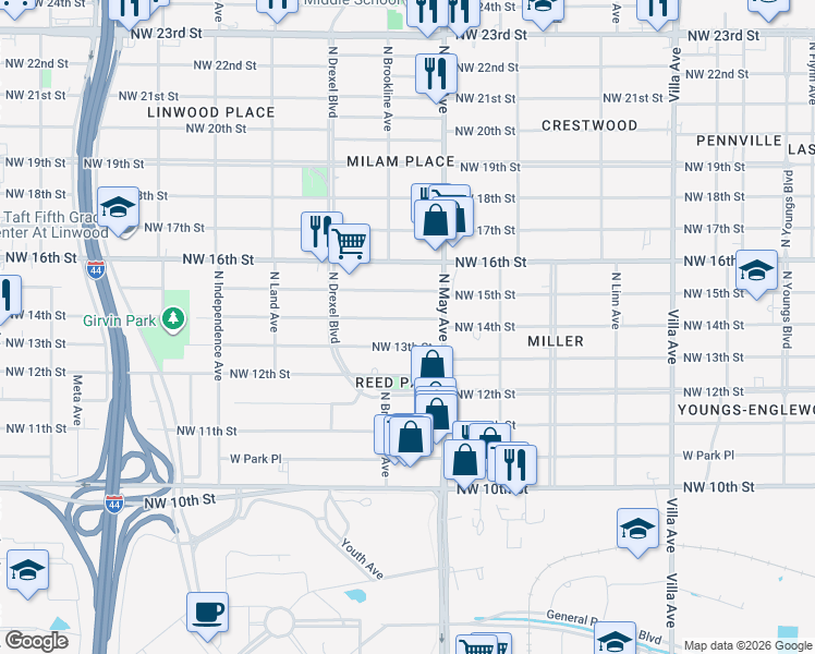 map of restaurants, bars, coffee shops, grocery stores, and more near 2938 Northwest 14th Street in Oklahoma City
