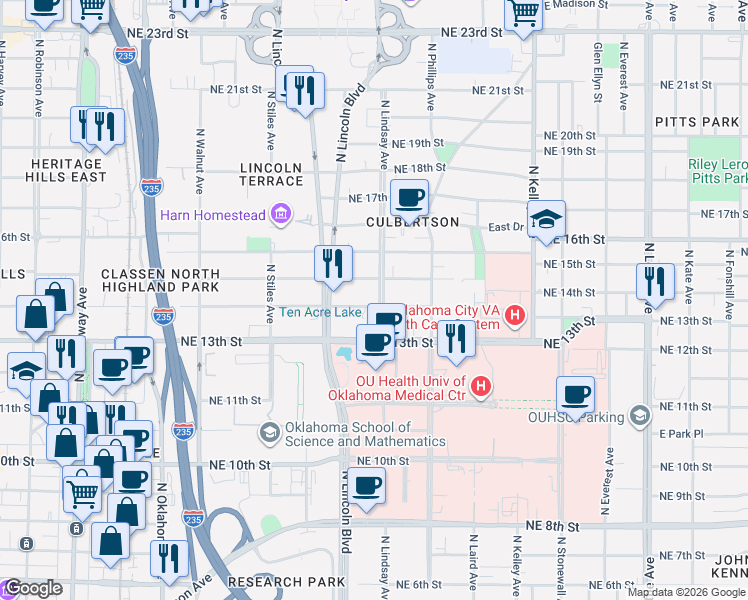 map of restaurants, bars, coffee shops, grocery stores, and more near 645 Northeast 14th Street in Oklahoma City