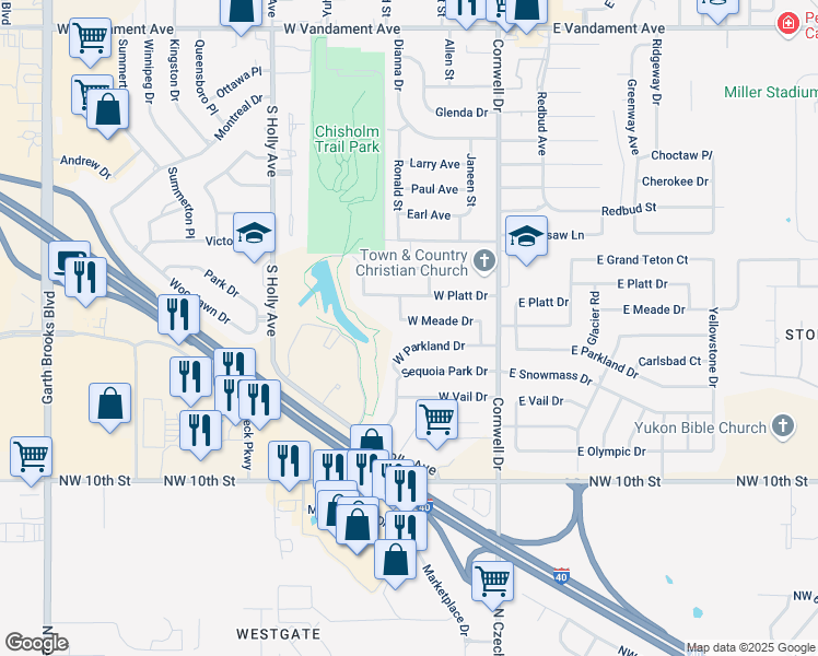 map of restaurants, bars, coffee shops, grocery stores, and more near 212 W Meade Dr in Yukon