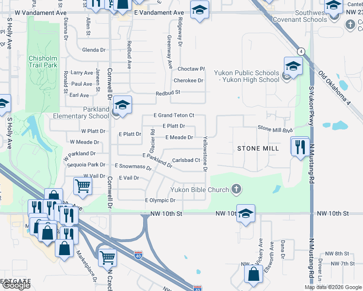 map of restaurants, bars, coffee shops, grocery stores, and more near 324 East Meade Drive in Yukon
