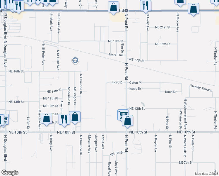 map of restaurants, bars, coffee shops, grocery stores, and more near 1509 Lloyd Drive in Midwest City