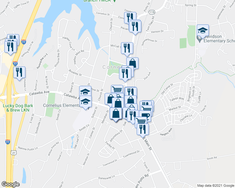 map of restaurants, bars, coffee shops, grocery stores, and more near 21323 Pine Street in Cornelius