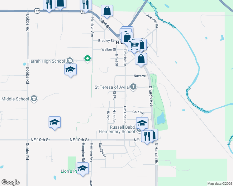 map of restaurants, bars, coffee shops, grocery stores, and more near 1570 North 1st Street in Harrah
