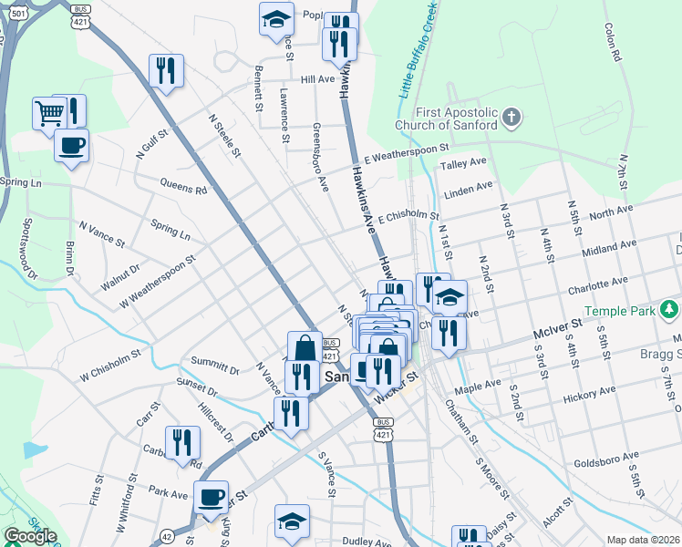 map of restaurants, bars, coffee shops, grocery stores, and more near 301 North Moore Street in Sanford