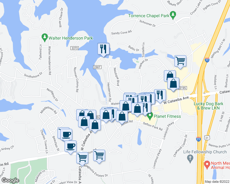 map of restaurants, bars, coffee shops, grocery stores, and more near 19819 West Catawba Avenue in Cornelius