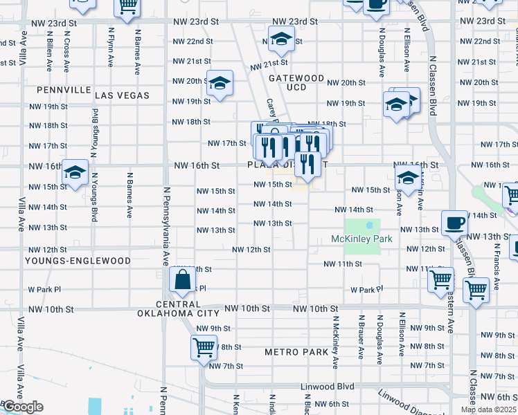map of restaurants, bars, coffee shops, grocery stores, and more near 1816 Northwest 14th Street in Oklahoma City