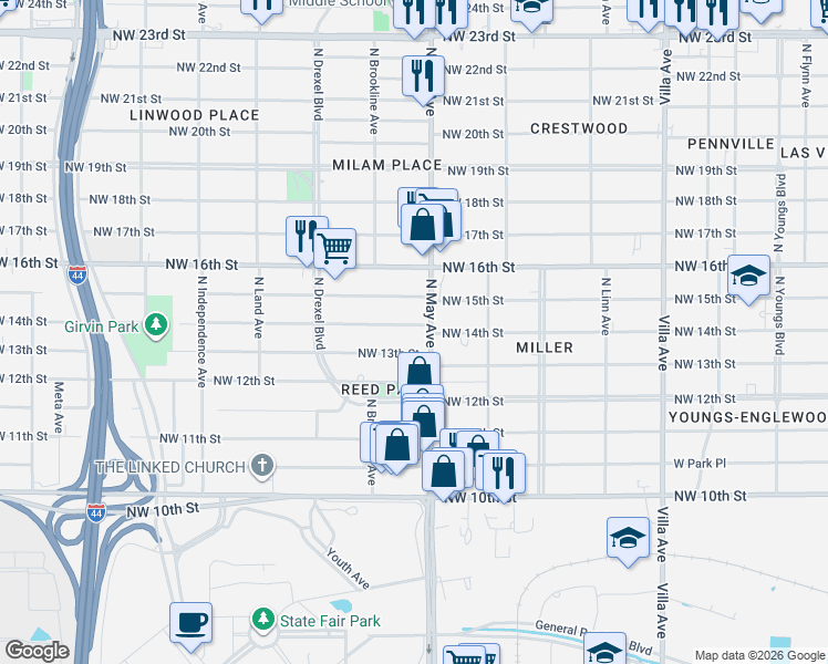 map of restaurants, bars, coffee shops, grocery stores, and more near 2904 Northwest 14th Street in Oklahoma City