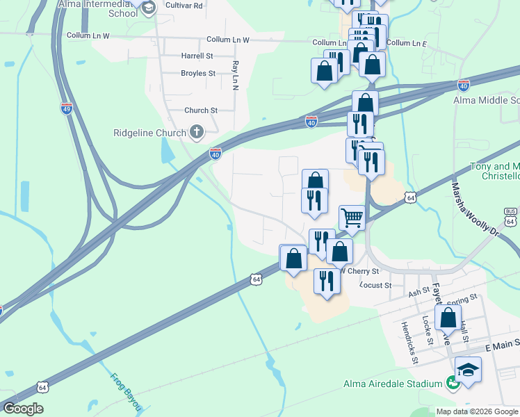map of restaurants, bars, coffee shops, grocery stores, and more near 136 Rudy Road in Alma