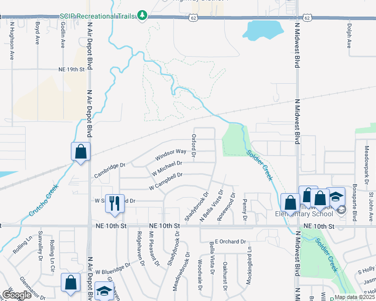 map of restaurants, bars, coffee shops, grocery stores, and more near 207 Windsor Way in Midwest City