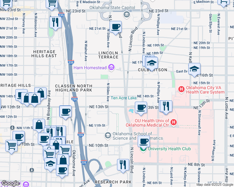 map of restaurants, bars, coffee shops, grocery stores, and more near 423 Northeast 14th Street in Oklahoma City