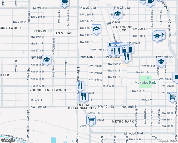 map of restaurants, bars, coffee shops, grocery stores, and more near 1939 Northwest 14th Street in Oklahoma City