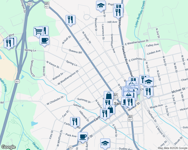 map of restaurants, bars, coffee shops, grocery stores, and more near 310 West Chisholm Street in Sanford