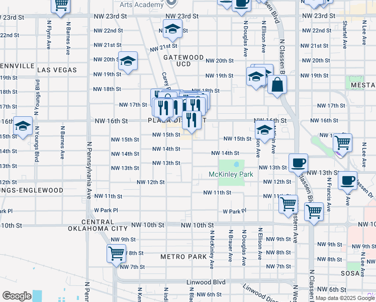 map of restaurants, bars, coffee shops, grocery stores, and more near 1419 North Blackwelder Avenue in Oklahoma City