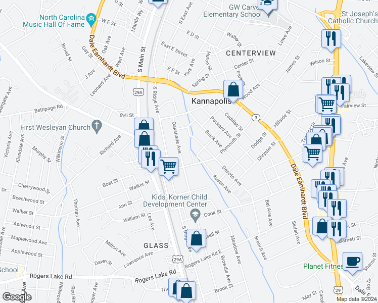 map of restaurants, bars, coffee shops, grocery stores, and more near 902 Edsel Court in Kannapolis