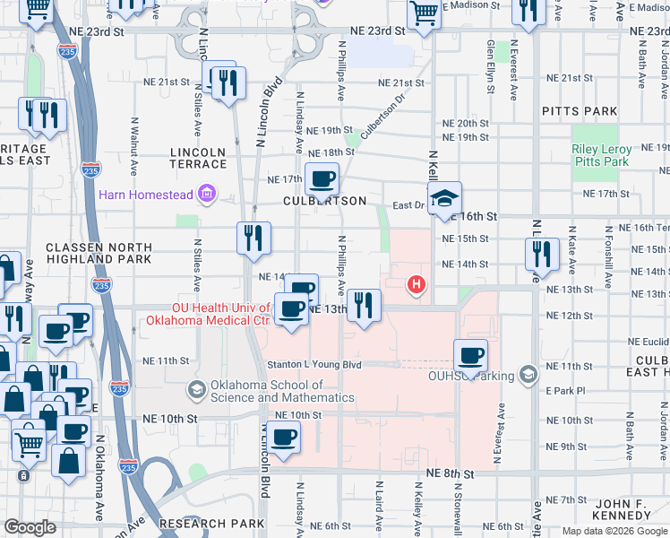 map of restaurants, bars, coffee shops, grocery stores, and more near 800 Northeast 15th Street in Oklahoma City