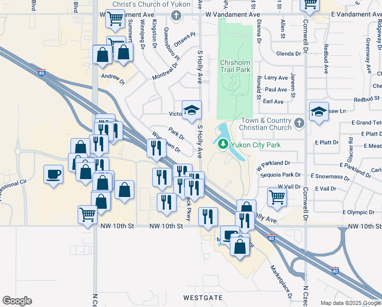 map of restaurants, bars, coffee shops, grocery stores, and more near 601 Woodlawn Drive in Yukon