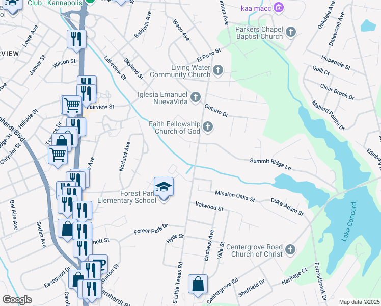 map of restaurants, bars, coffee shops, grocery stores, and more near 221 Nellie Yale Place in Kannapolis