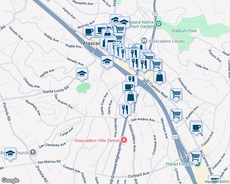 map of restaurants, bars, coffee shops, grocery stores, and more near 6681 Atascadero Avenue in Atascadero
