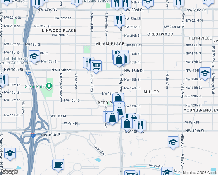 map of restaurants, bars, coffee shops, grocery stores, and more near 2938 Northwest 14th Street in Oklahoma City