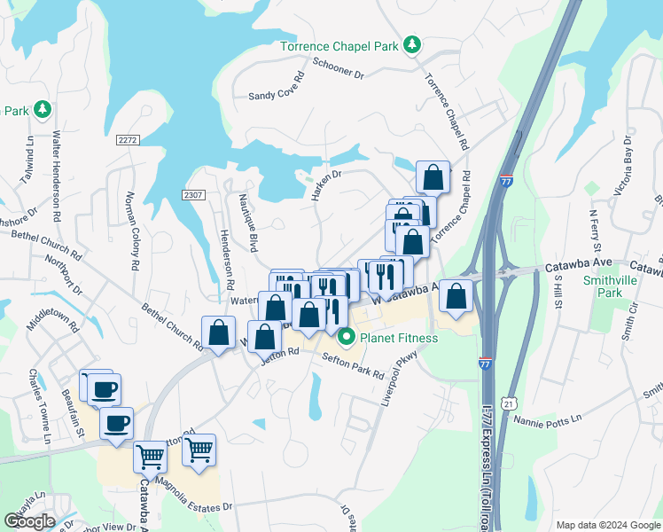 map of restaurants, bars, coffee shops, grocery stores, and more near 19701 Valiant Way in Cornelius
