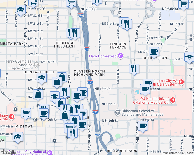 map of restaurants, bars, coffee shops, grocery stores, and more near 145 Northeast 14th Street in Oklahoma City