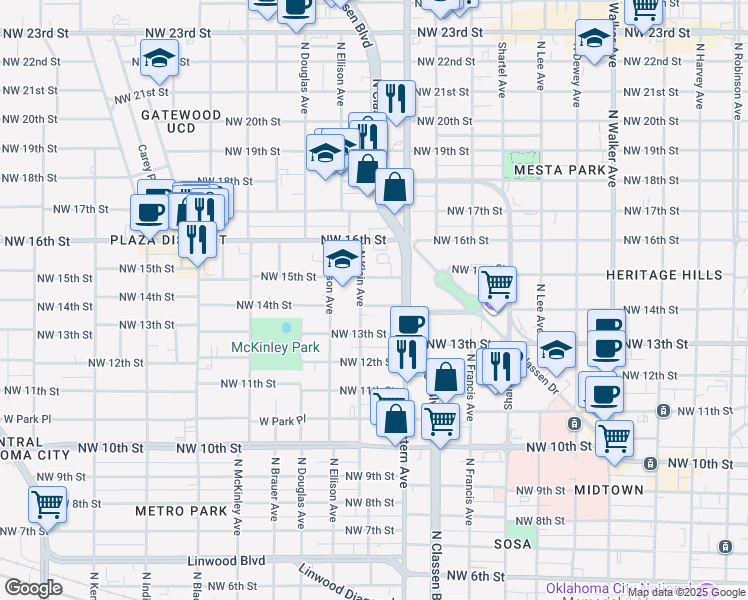 map of restaurants, bars, coffee shops, grocery stores, and more near 1127 Northwest 14th Street in Oklahoma City