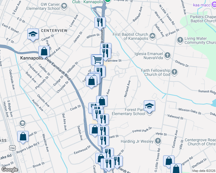 map of restaurants, bars, coffee shops, grocery stores, and more near 709 Irene Avenue in Kannapolis