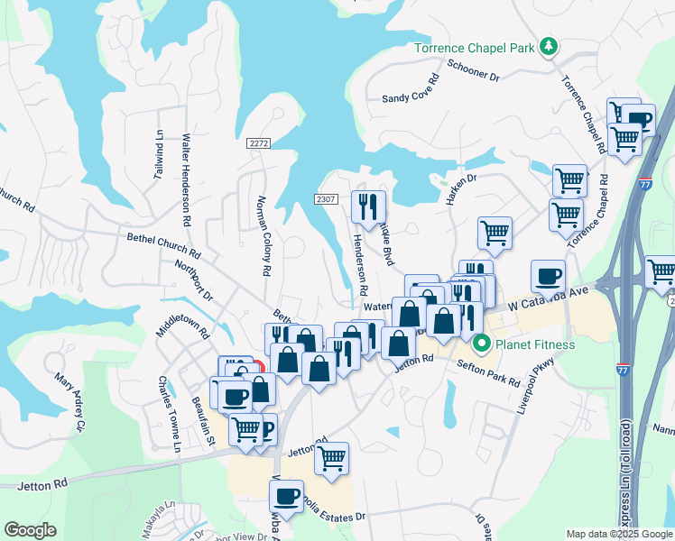 map of restaurants, bars, coffee shops, grocery stores, and more near 19827 Henderson Road in Cornelius