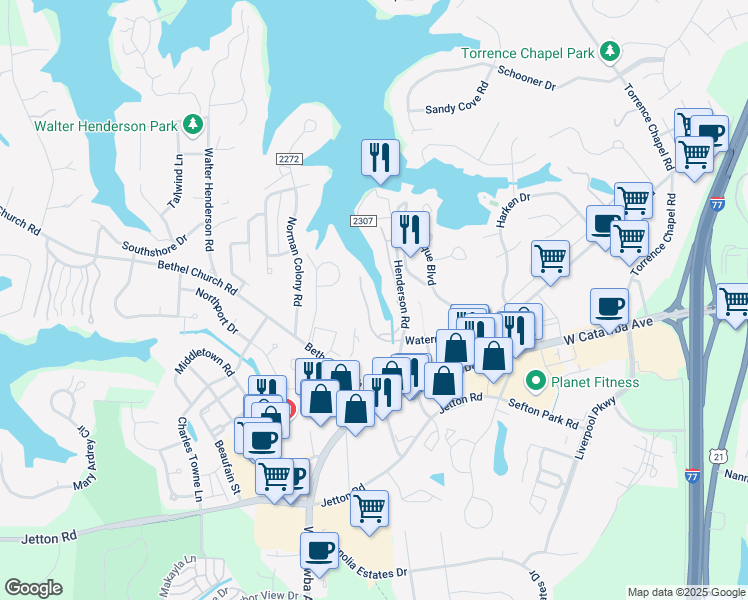 map of restaurants, bars, coffee shops, grocery stores, and more near 19827 Henderson Road in Cornelius