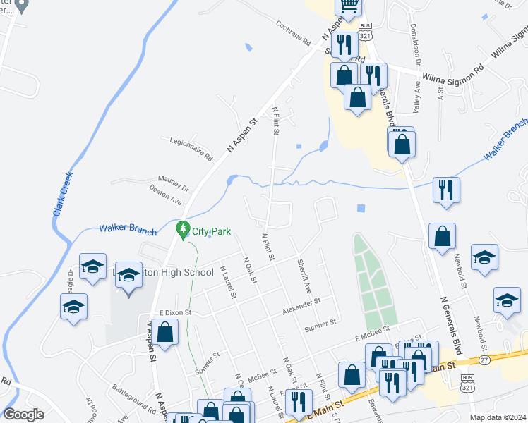map of restaurants, bars, coffee shops, grocery stores, and more near 911 North Flint Street in Lincolnton