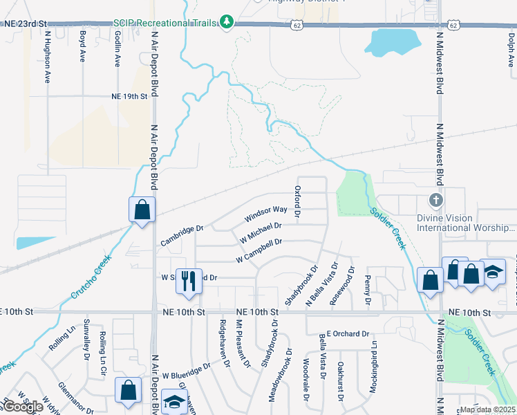 map of restaurants, bars, coffee shops, grocery stores, and more near 239 Windsor Way in Midwest City