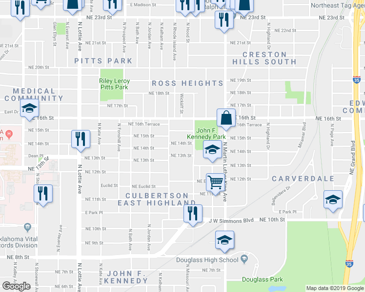 map of restaurants, bars, coffee shops, grocery stores, and more near 1724 Northeast 14th Street in Oklahoma City