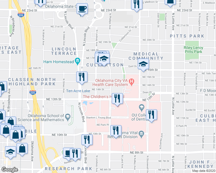 map of restaurants, bars, coffee shops, grocery stores, and more near 800 Northeast 15th Street in Oklahoma City