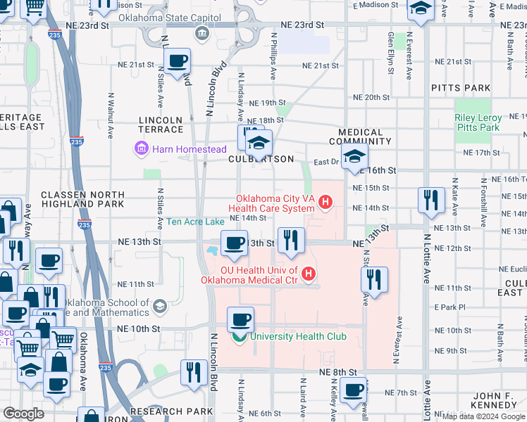 map of restaurants, bars, coffee shops, grocery stores, and more near 717 Northeast 14th Street in Oklahoma City