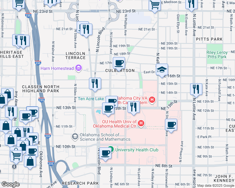 map of restaurants, bars, coffee shops, grocery stores, and more near 717 Northeast 14th Street in Oklahoma City