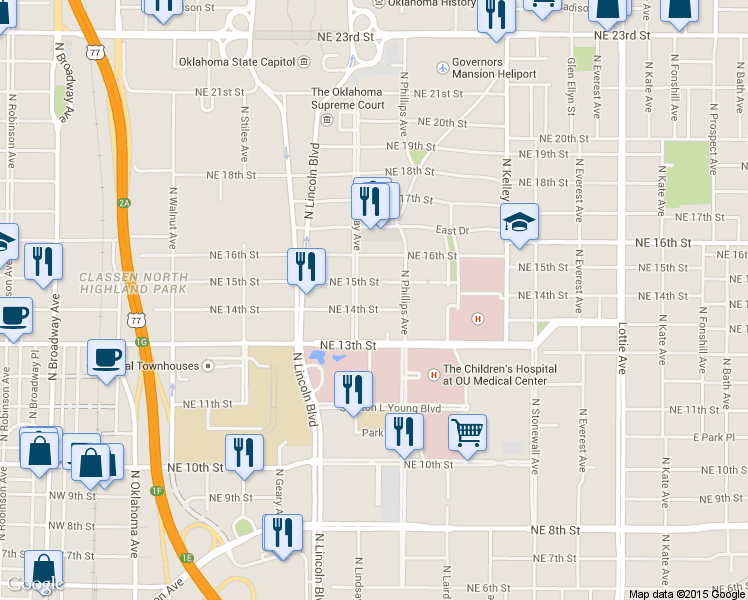 map of restaurants, bars, coffee shops, grocery stores, and more near 717 Northeast 14th Street in Oklahoma City