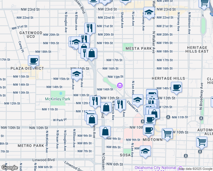 map of restaurants, bars, coffee shops, grocery stores, and more near in Oklahoma City