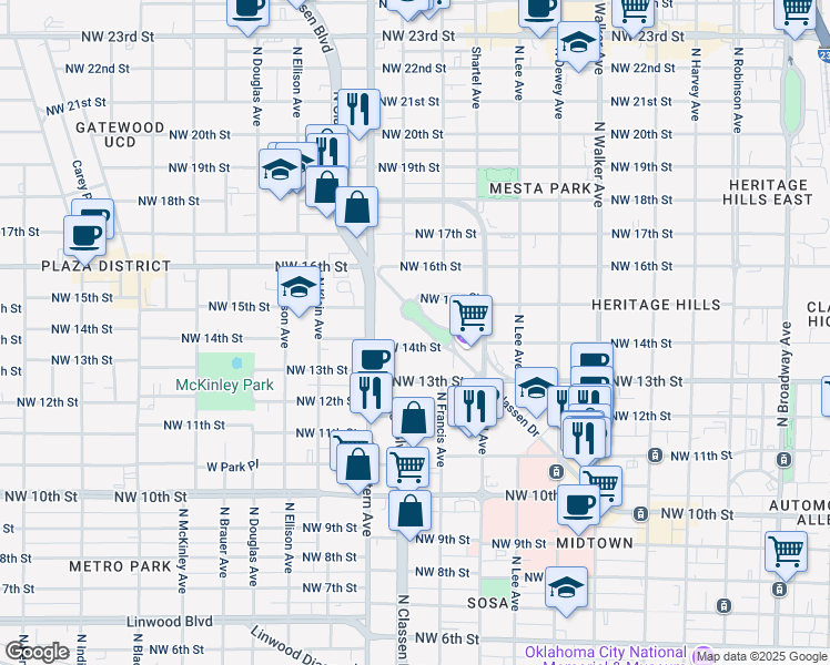 map of restaurants, bars, coffee shops, grocery stores, and more near in Oklahoma City