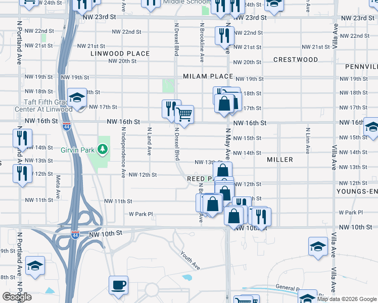 map of restaurants, bars, coffee shops, grocery stores, and more near 3028 Northwest 14th Street in Oklahoma City