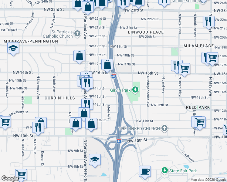 map of restaurants, bars, coffee shops, grocery stores, and more near 3500 Northwest 14th Street in Oklahoma City