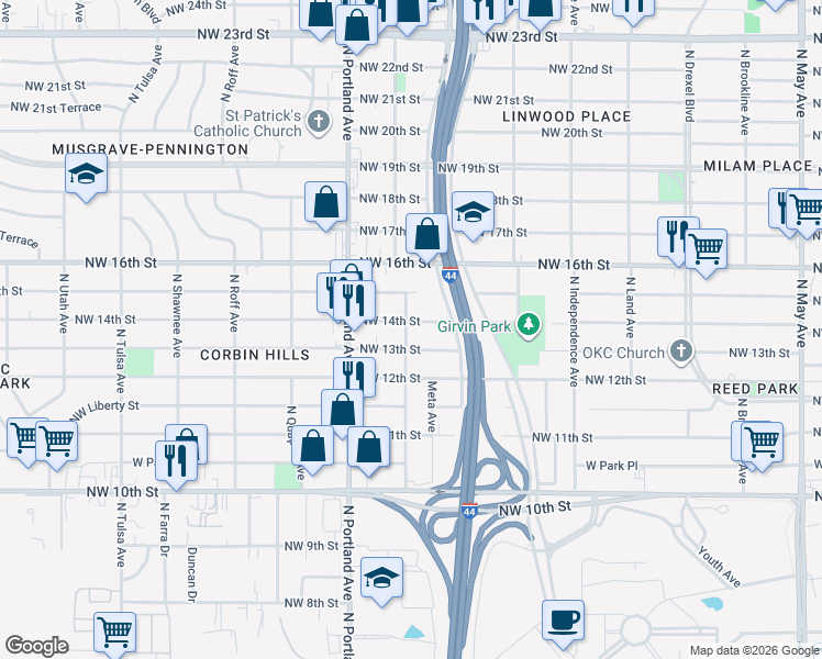 map of restaurants, bars, coffee shops, grocery stores, and more near 3536 Northwest 14th Street in Oklahoma City