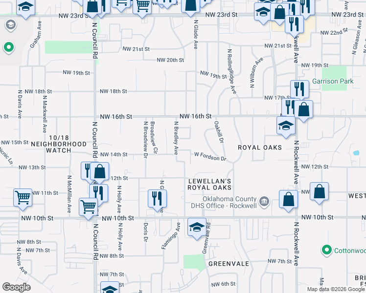 map of restaurants, bars, coffee shops, grocery stores, and more near 1512 North Bradley Avenue in Oklahoma City