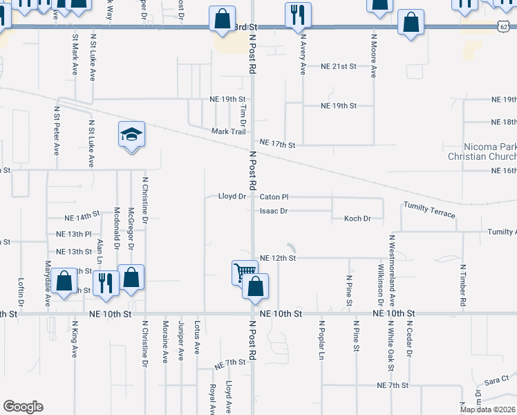 map of restaurants, bars, coffee shops, grocery stores, and more near 10003 Isaac Drive in Midwest City