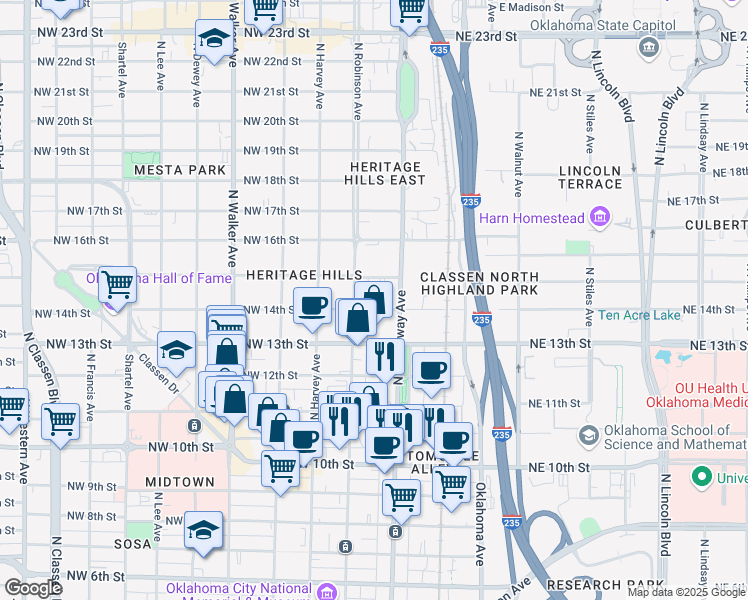 map of restaurants, bars, coffee shops, grocery stores, and more near 111 Northwest 14th Street in Oklahoma City