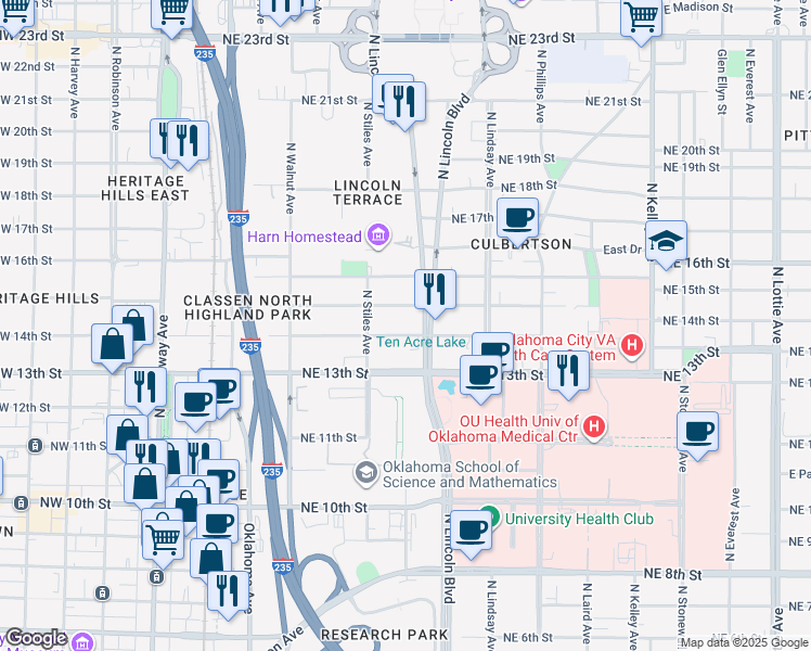 map of restaurants, bars, coffee shops, grocery stores, and more near 423 Northeast 14th Street in Oklahoma City