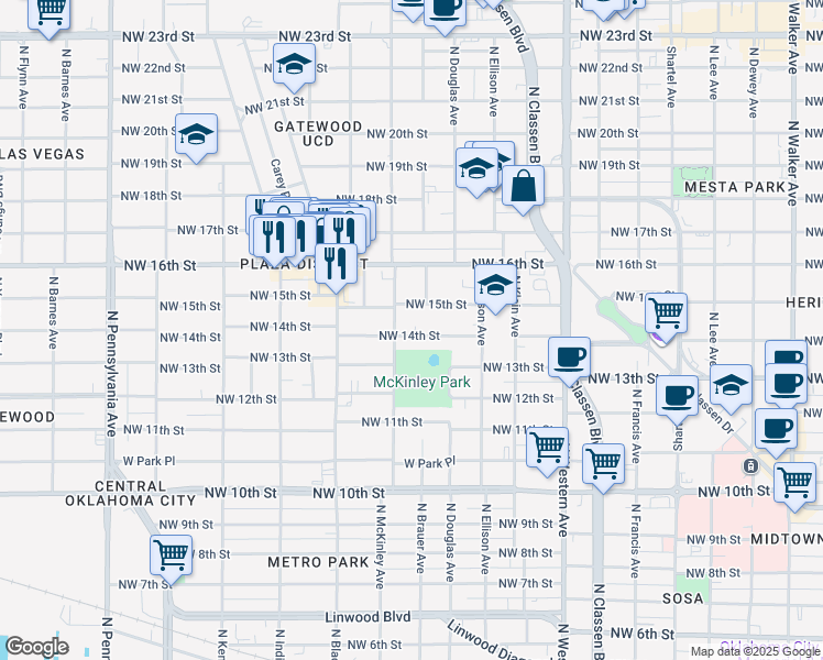 map of restaurants, bars, coffee shops, grocery stores, and more near 1511 Northwest 14th Street in Oklahoma City